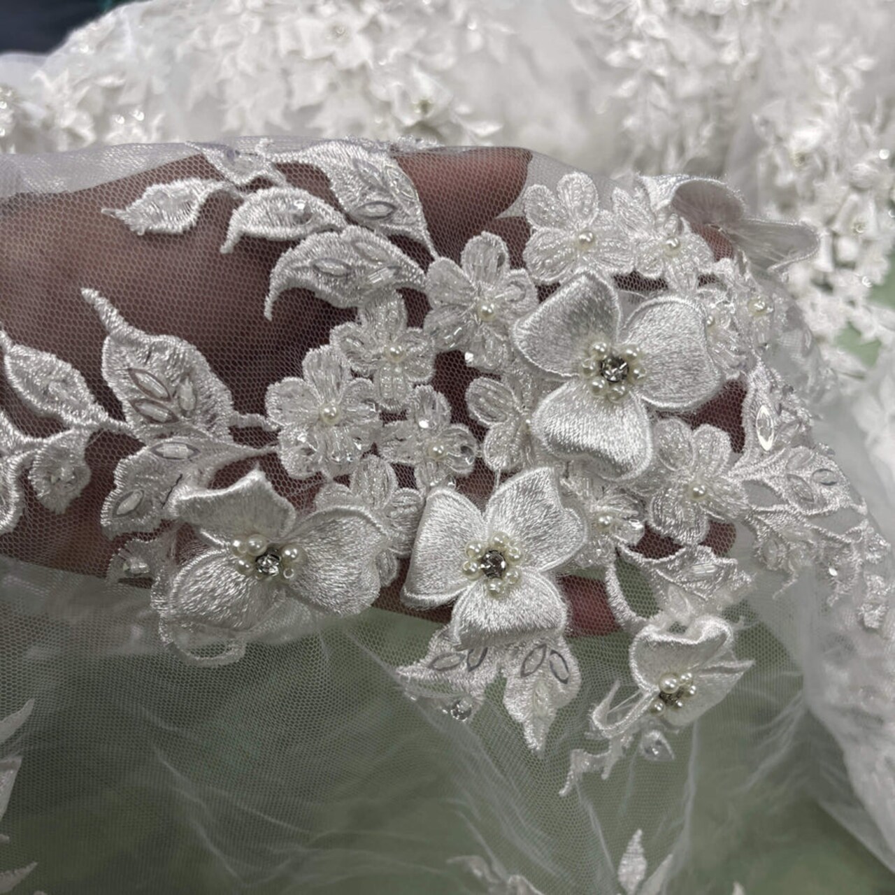 1 Yard 3D Beaded Floral Lace Fabric with Rhinestones – Embroidered Mesh with Scalloped Edges